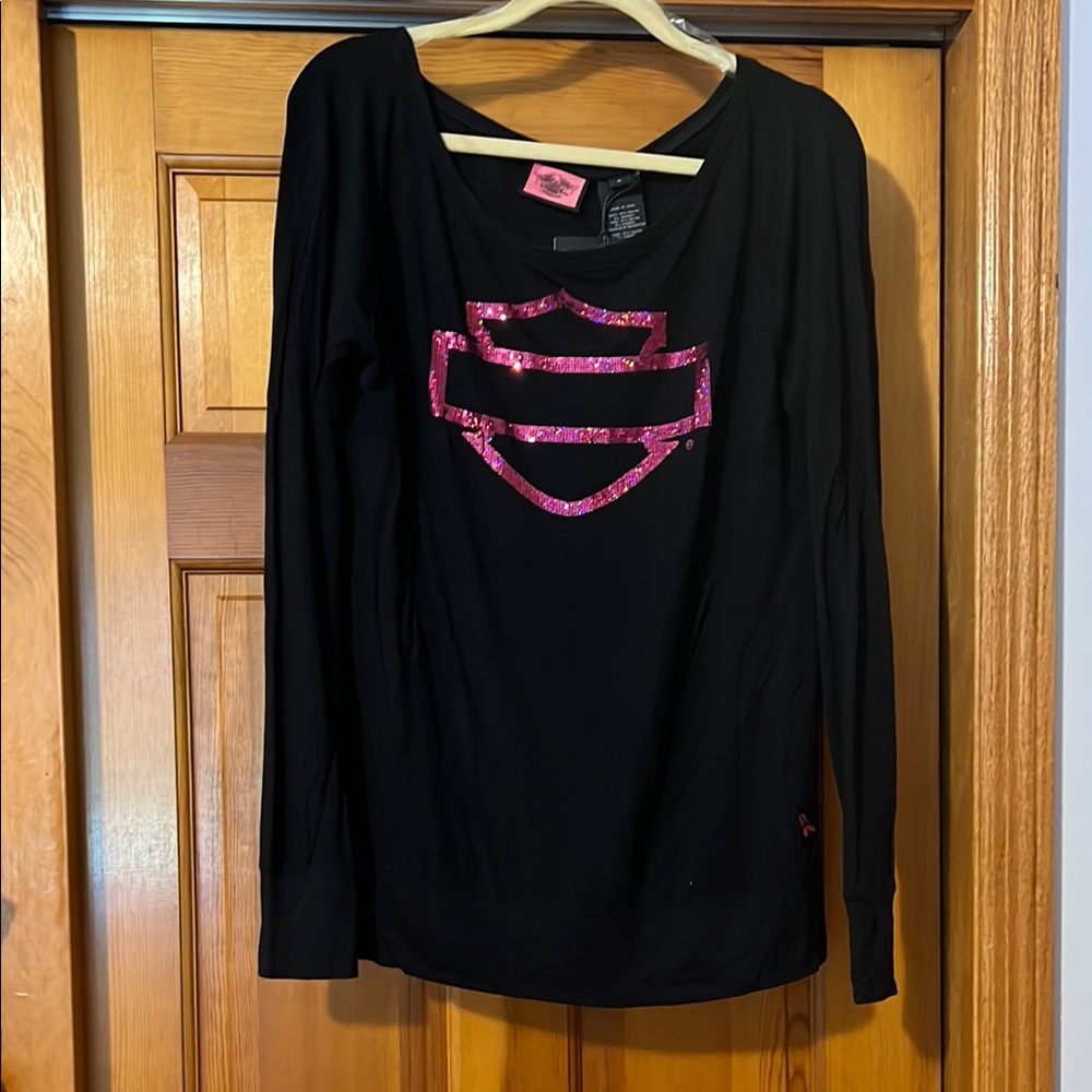 Harley-Davidson Black and Pink Graphic Top
